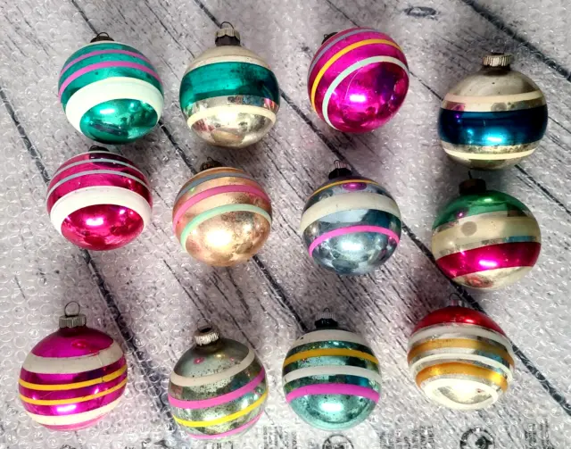 12 Vtg Shiny Brite Stripes 2 1/2" Mercury Glass Christmas Tree Ornaments