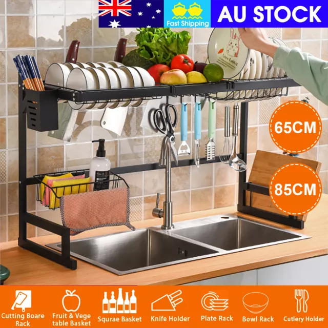 85cm Over Sink Dish Drying Rack Drainer Kitchen Stainless Steel Cutlery Holder