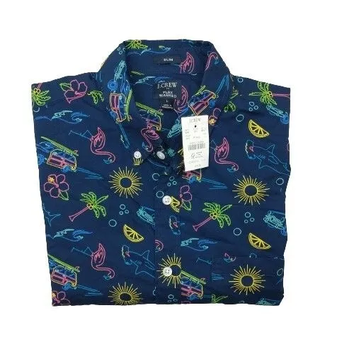 JCrew Shirt Mens Large Blue Beach Island Printed Button Up Short Sleeve NEW