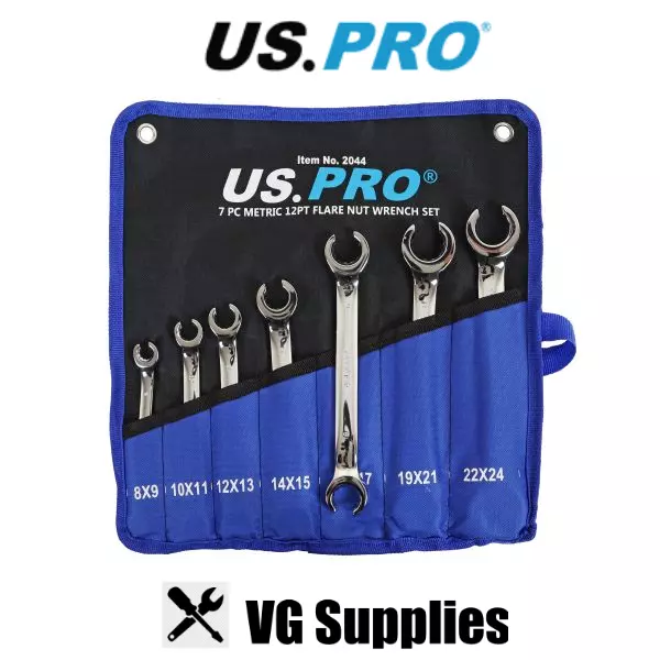 US PRO Tools 7pc 12 Point Open Brake Flare Nut Spanners Wrench Set 8-24mm 2044