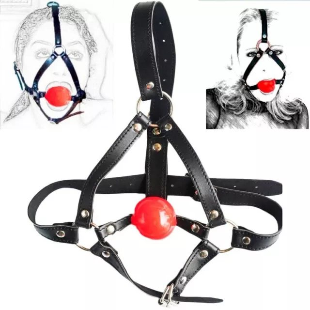 PU Leather Head Harness Bondage Open Mouth Gag Restraint Red Silicone Ball SM