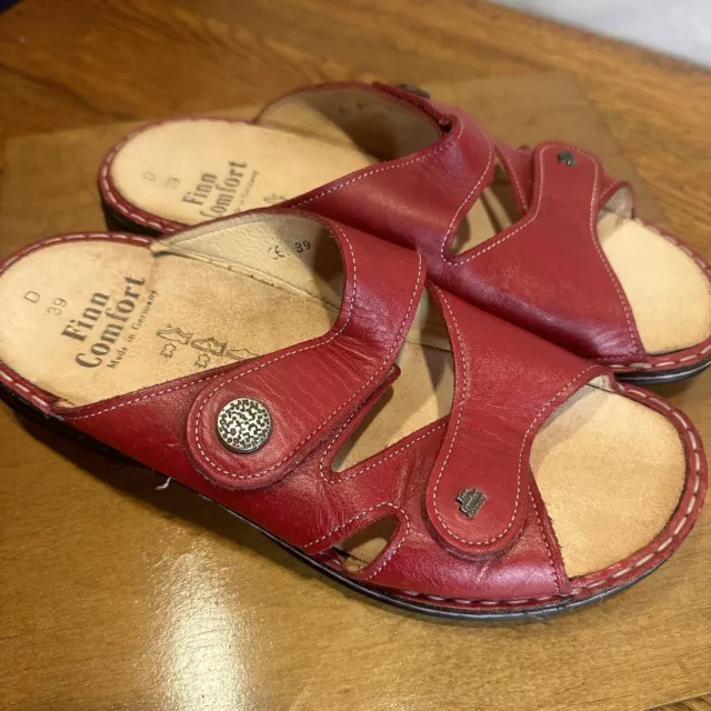 Finn Comfort Sandals Women’s 39 D 8.5 Strappy Wedge Slide Red Leather Open Toe