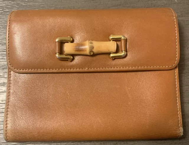GUCCI VINTAGE BAMBOO LEATHER WALLET  BIFOLD PURSE Brown ITALY 5.5x4.5” Worn
