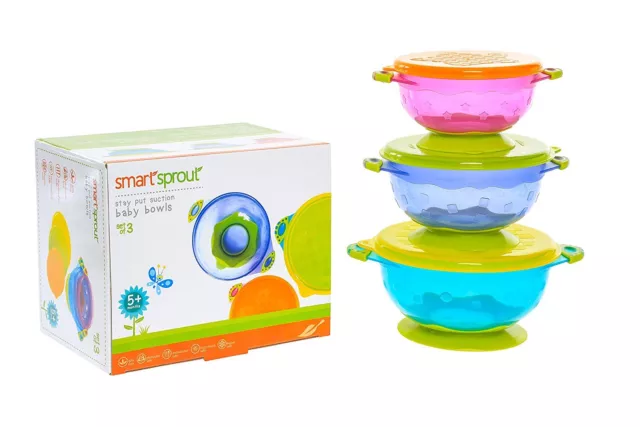 Baby Bowls - Set of 3 Stay Put Suction Bowls with Lids - Feeding Bowl Snack Time