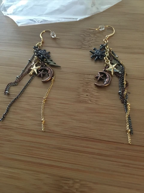 Sun Moon Star Earrings Dangling With Chain Features