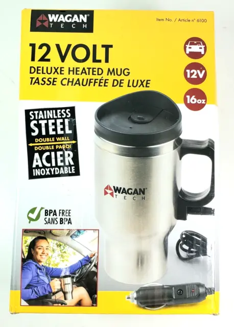Wagan Tech 6100 12-Volt Deluxe Double-Wall Stainless Steel Heated Travel Mug New