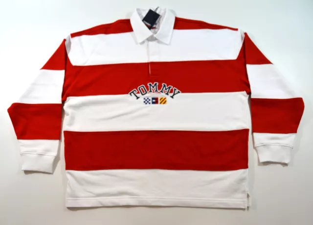 Tommy Jeans Hilfiger Mens Lg Red White Archive Stripe Relaxed Rugby Polo Shirt