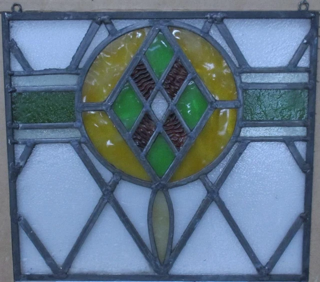 OLD ENGLISH STAINED GLASS WINDOW Unframed w Hooks Pretty Geometric 16" x 14.75"