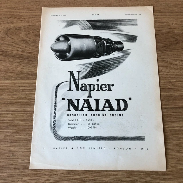 (STA27) Advert 11x8" Napier 'NAIAD' Propeller Turbine Engine, D. Napier & Son