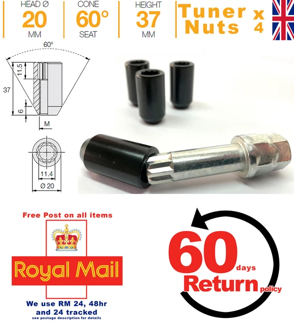 Car wheel tuner nuts 4 Stud Ford aftermarket alloy M12 x 1.5 Black + Key x 4