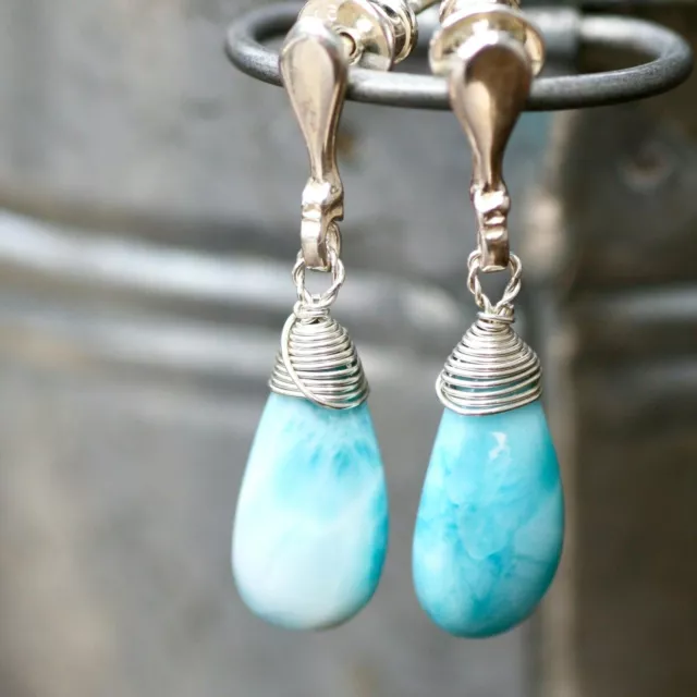 Wire Wrapped Natural Larimar Earrings Sterling Silver 925 , Healing Gem