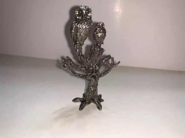 Pewter Figurine Owl In A Tree With A Face Signed Lee