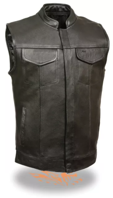 Men's SOA Leather Vest Snap Front w/ Dual Inside Gun Pockets One Panel Back