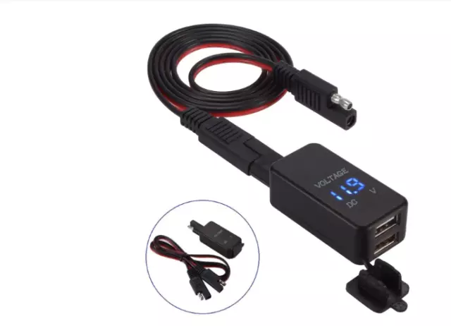 SAE To USB Adapter with Voltmeter Motorcycle Quick Disconnect Dual USB Charger U