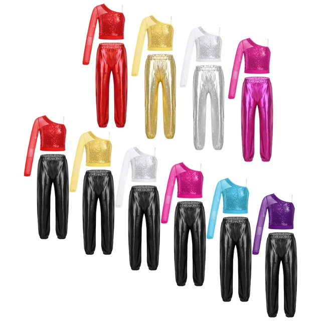 Kids Girl's Sweatshirt And Trousers Sheer Dance Outfit Shiny Tracksuit Workout