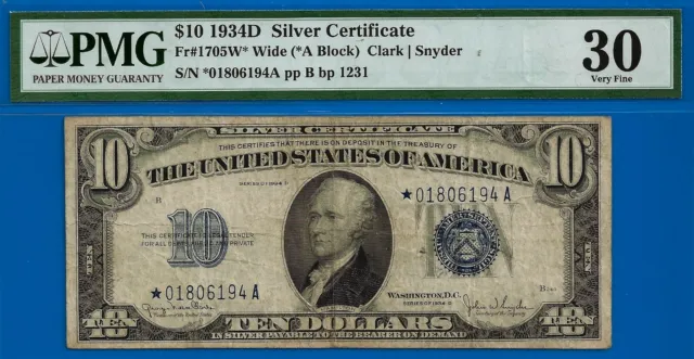 1934D $10 Silver Certificate Star PMG 30 rare wanted blue seal star Fr 1705-W*