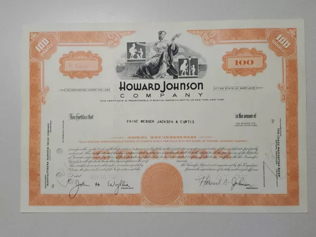 Howard Johnson Cancelled Stock Certificate
