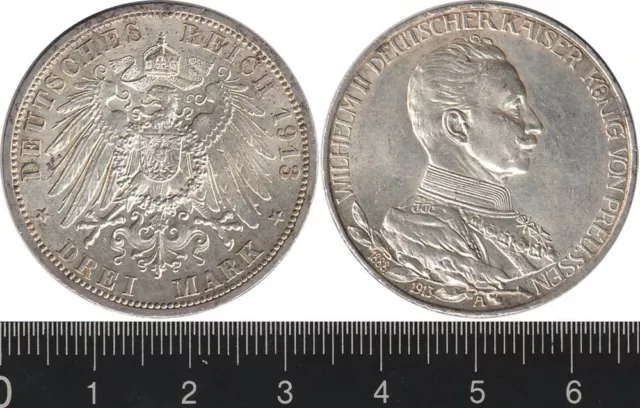 Germany: 1913A Three 3 Mark Wilhelm II 25th Anniversary, silver, UNC