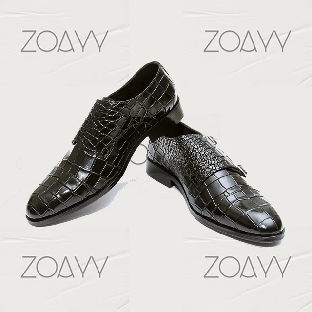 Zoayy men's Crocodile Print Double Monk Black Cow Leather Shoes (CUSTOM SIZE)