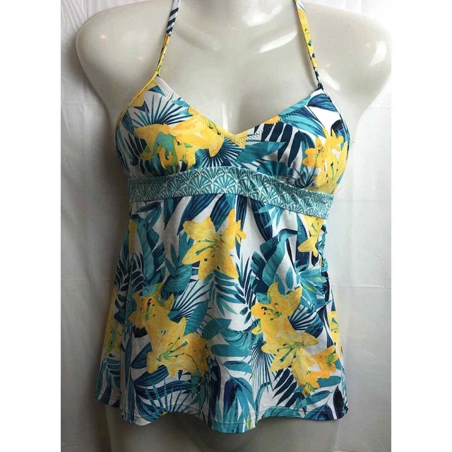 Lands End Tankini Top Women 2 Blue Floral Print Tie Back Padded Stretch Swim Top
