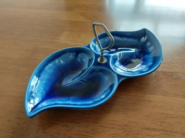 Glazed 2 bowl blue leaf dish with handle, Japan,  1970's