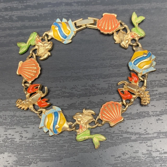 Vintage Beach  Lover Bracelet  7.5” Mermaid Shell Fish Lobster Links ￼