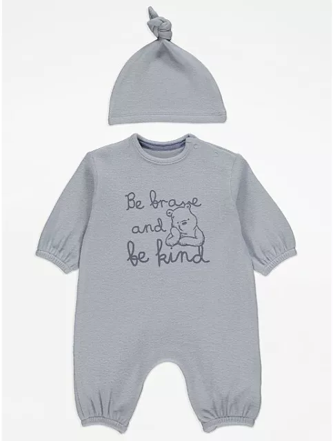 👶🏻 BNWT Baby boy 6-9 m Disney Winnie The Pooh Slogan Print Romper & Hat outfit