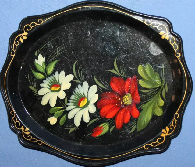 Vintage Russian Hand Painted Floral Lacquer Wood Tole Plate