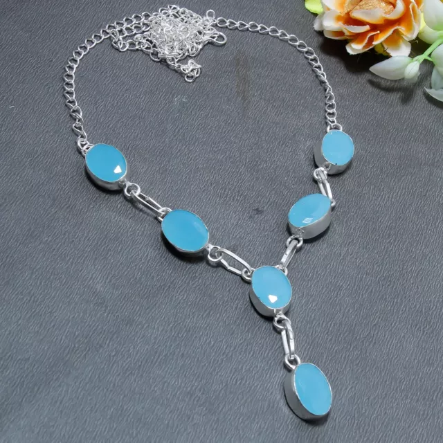 Blue Chalcedony Gemstone 925 Sterling Silver Jewelry Women Necklace 18" f549