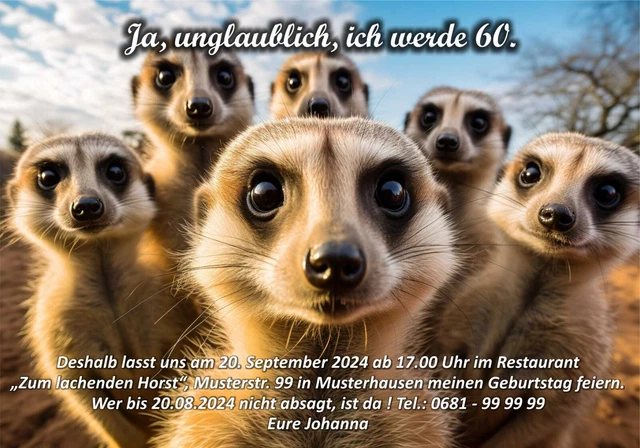 LUSTIGE EINLADUNGSKARTEN GEBURTSTAG 30,40,50,60,70 Erdmännchen inkl