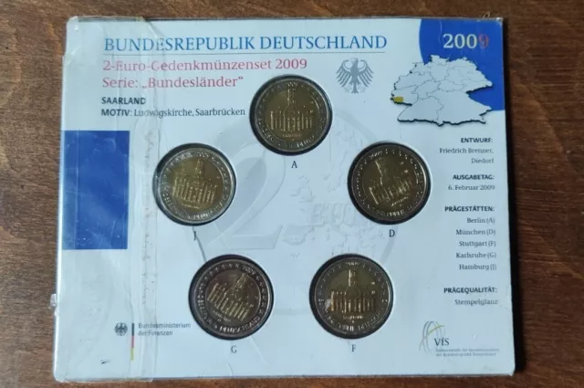 BRD 2 Euro Sammlermünzenset 2009 Saarland ADFGJ, Ludwigskirche