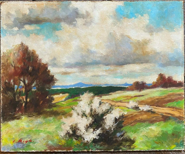 Oil Painting Sign E. Kinh Field And Cloud Landscape With Trail IN Late Summer