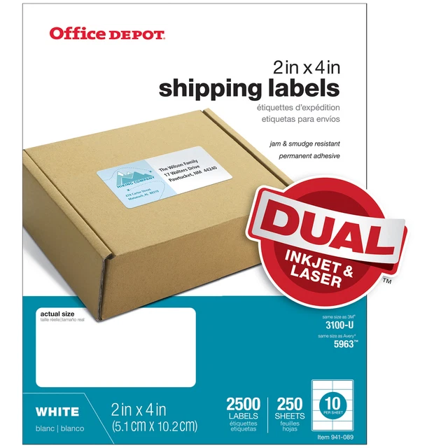 Office Depot Laser Shipping Labels, 505-O004-0020, 2" x 4", White, 2500-Pack