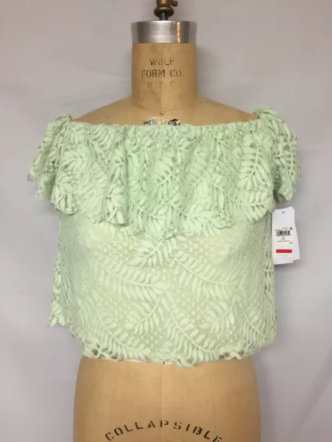 Guess Sasha Off-The-Shoulder Lace Top Gleam ( Mint Green) W71H89R1KSO NWT