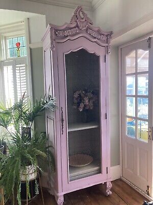 Vintage Tall Wooden Carved French Louis Armoire Cupboard Cabinet Painted Pink 3