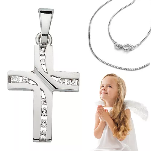 Kinder Kommunion Konfirmation Taufe Zirkonia Kreuz Anhänger mit Kette Silber 925