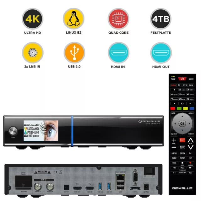 Gigablue UHD Quad 4K 2xDVB-S2 FBC ULTRA HD E2 Linux HEVC H.265 Receiver 4TB HDD