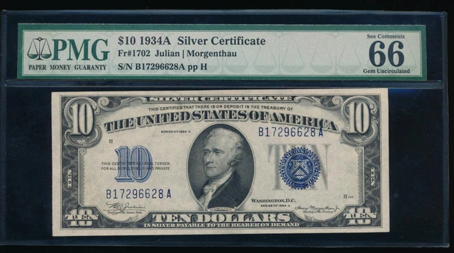 AC Fr 1702 1934A $10 Silver Certificate PMG 66 EPQ gem uncirculated