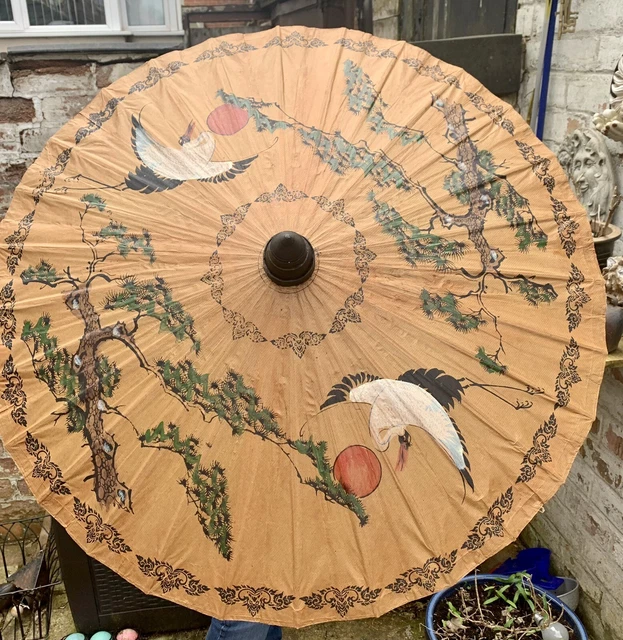 Vintage oriental parasol Hand painted rice paper bamboo crane bird japanese tiki