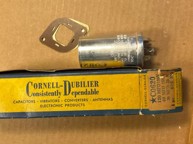 NOS NIB Cornell Dubilier 120 + 60 uf + 20 uf 150v 150v 25v Can Capacitor 1950s