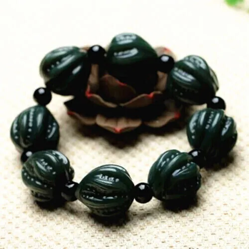 Certified natural 100% Hetian jade carving walnut bracelet 21mm black cyan AAA