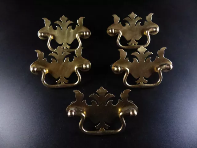 5 Vintage Solid Brass Chippendale Style Batwing Drawer Pulls 3” on center