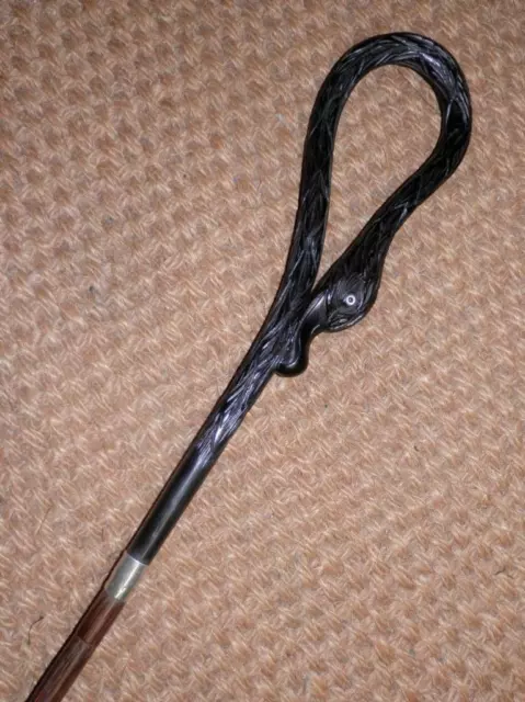 Antique Hand-Carved Ebony Black Swan Walking Stick/Cane - Silver Collar 1930