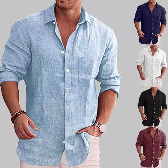 Mens Long Sleeve Solid Shirts Button Down Casual Formal Dress Tops Beach T Shirt