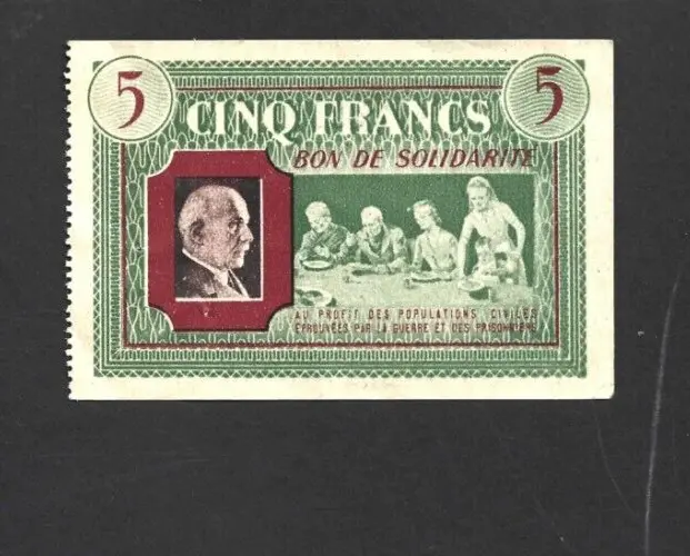 5 Francs Aunc  Bon De Solidarite Note From France  1940'S