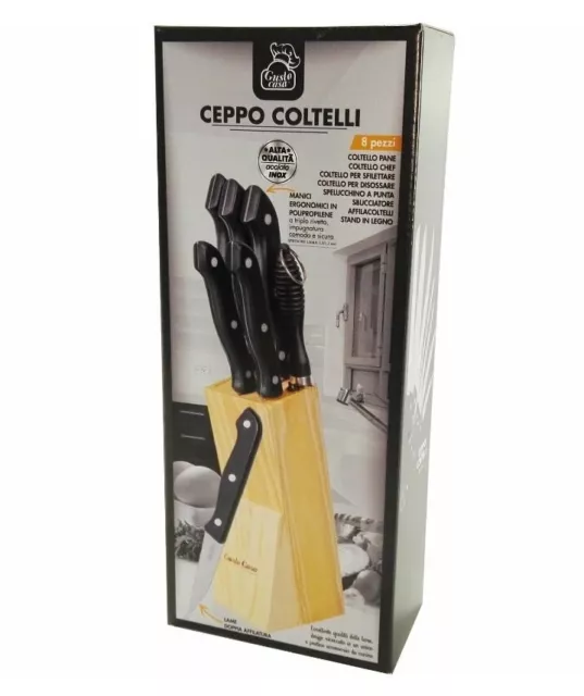 Set Coltelli In Acciaio inox da cucina con Ceppo porta Portacoltelli di Legno 2