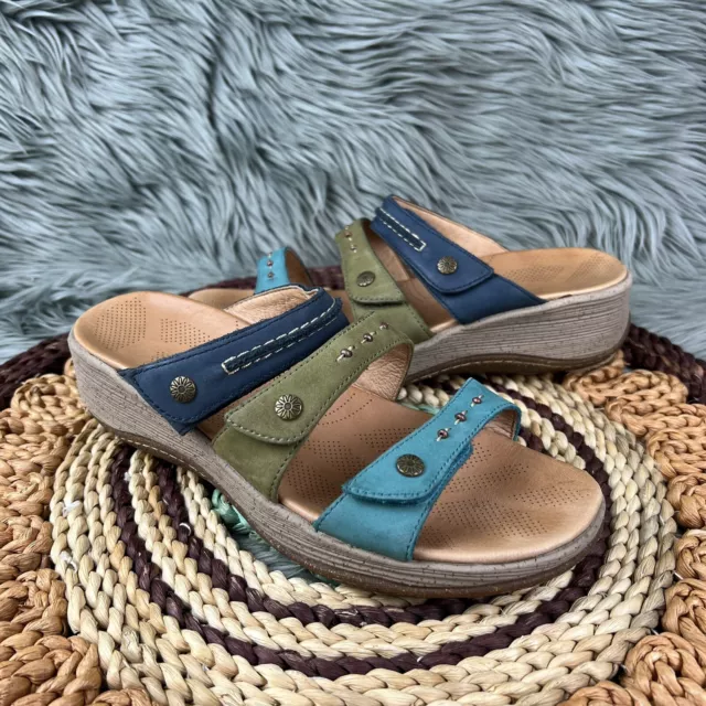 Acorn Sz 8 Vista Triple Strap Slide Wedge Blue Green Multicolor Leather Sandals