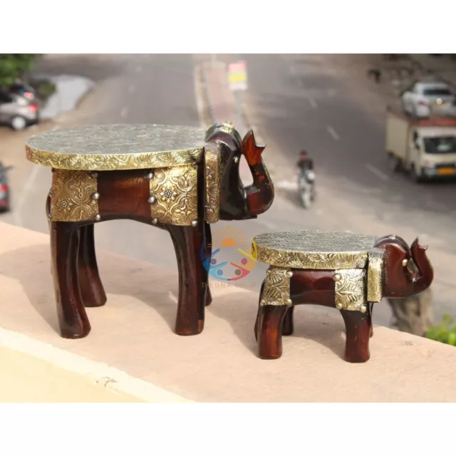 Wooden Elephant Stool/Hand Carved Brass Fitted elephant stool/Wooden Stool