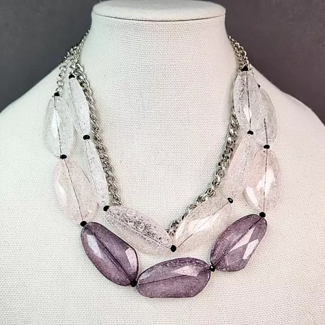 New York & Co Necklace Pink Purple Crackle Acrylic Beads Silver Tone Layered 20"
