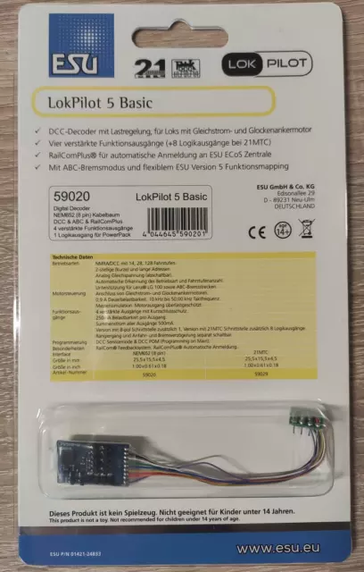 ESU 59020 LokPilot Basic Standard H0 DCC/RailCom 8-pin Kabel Stecker NEM652